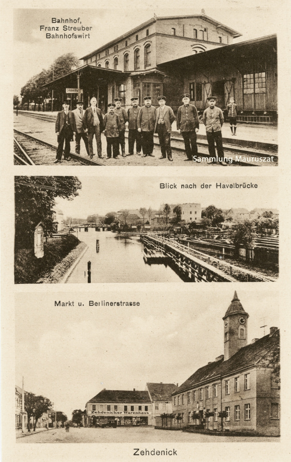 Zehdenick, Havelbrücke, Markt, Warenhaus, Bahnhof Zehdenick ca. 1920